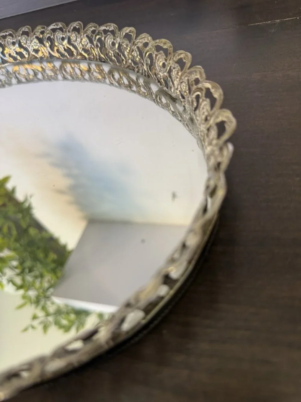 Vintage Oval Gold-tone Filigree Mirrored Vanity Tray Rose Boarder